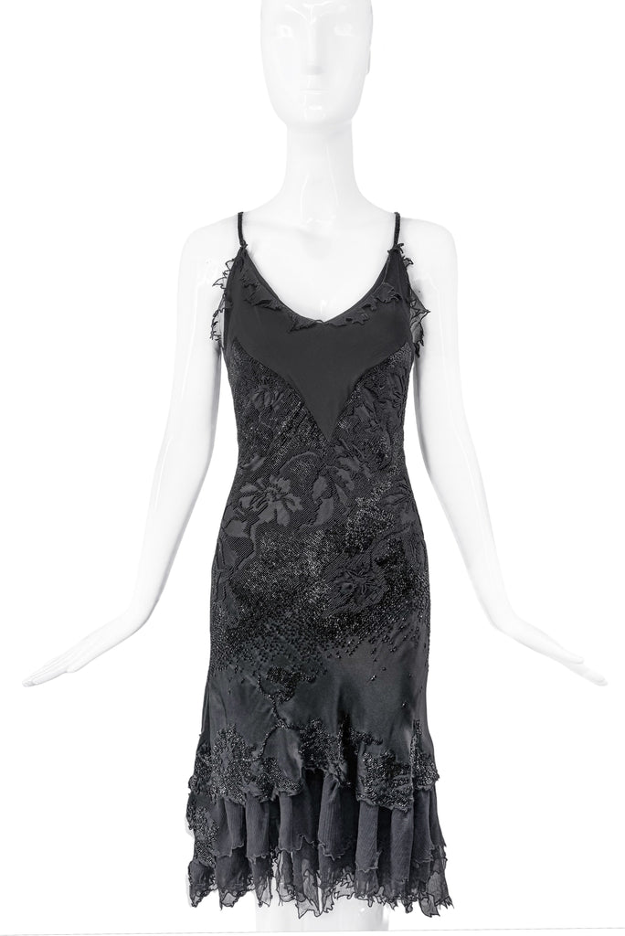 Roberto Cavalli Black Silk Bias Cut Slip Ruffle Jet Black Beaded Dress 2003