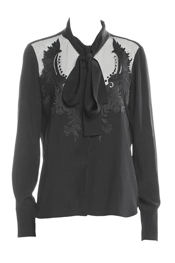 Roberto Cavalli Black Embroidered Baroque Wings Sheer Panel Bow Blouse