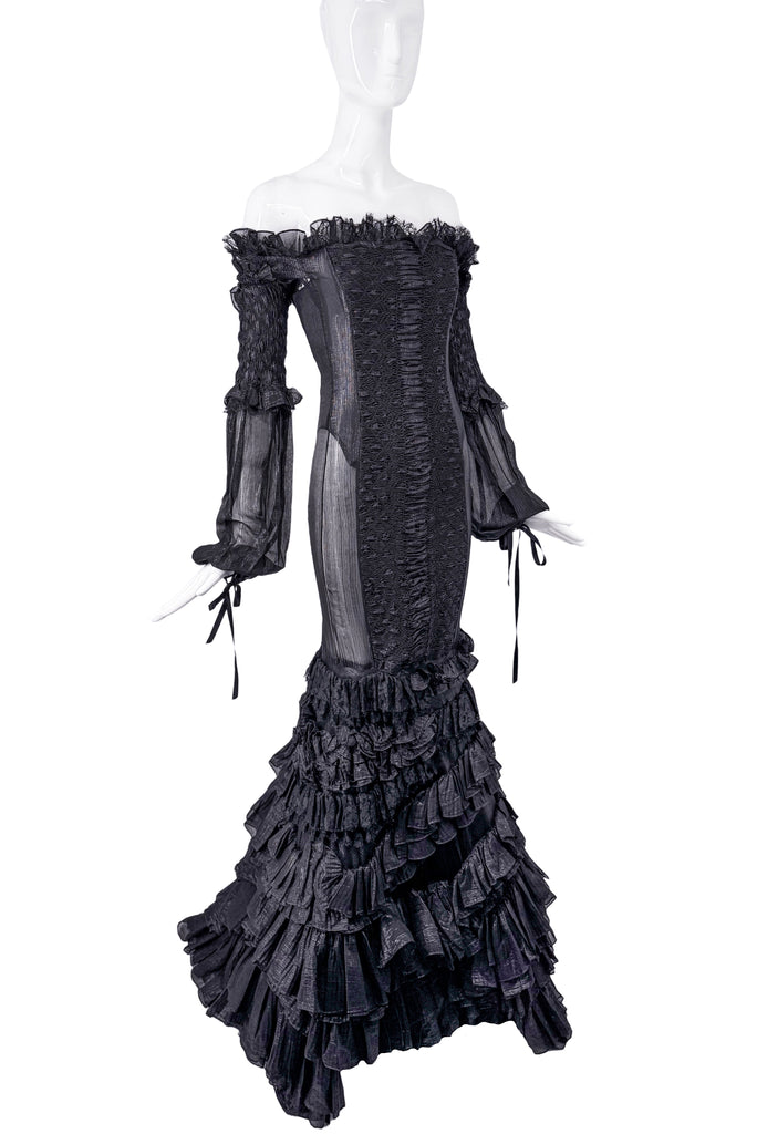 Roberto Cavalli Black Corset Sheer Side Panel Off Shoulder Ruffle Dress Gown Fall 2005 Runway