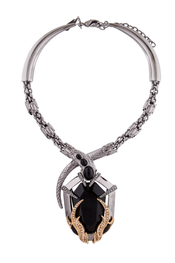 Roberto Cavalli Silver Gunmetal Black Gem Stone Crocodile Embellished Necklace