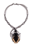 Roberto Cavalli Silver Gunmetal Black Gem Stone Crocodile Embellished Necklace