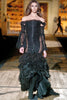 Roberto Cavalli Black Corset Sheer Side Panel Off Shoulder Ruffle Dress Gown Fall 2005 Runway