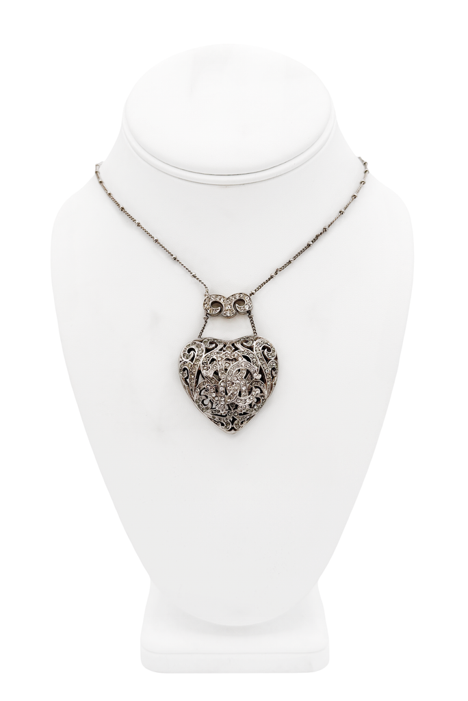Roberto Cavalli Silver Heart Engraved Logo Embellished Pendant Chain Necklace