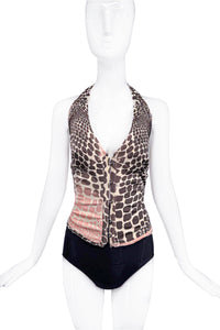 Roberto Cavalli Black White Pink Checkered Giraffe Leopard Print Corset Halter Neck Top Runway 2003 / 2004
