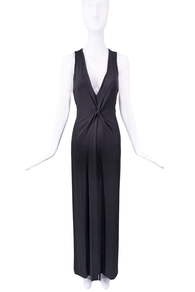 Celine Black Silk Jersey Deep Double V Neckline Knot Minimal Dress Gown