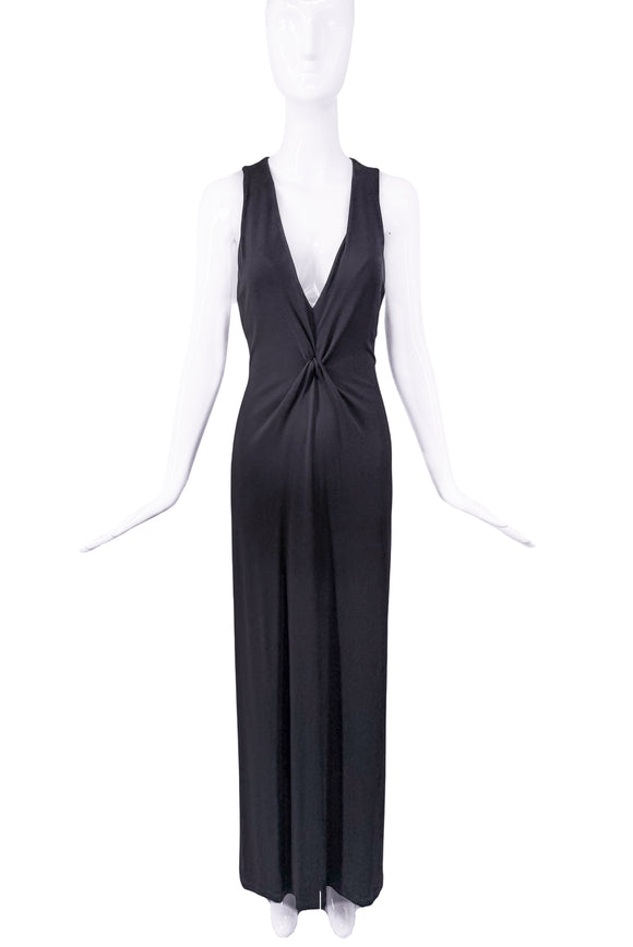 Celine Black Silk Jersey Deep Double V Neckline Knot Minimal Dress Gown