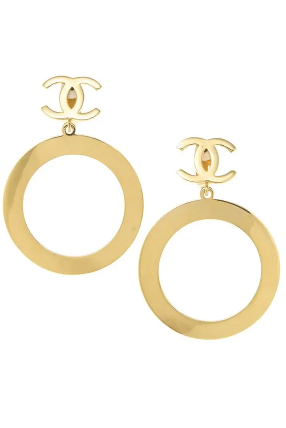 Chanel Gold Oversized Hoop CC Logo Earrings