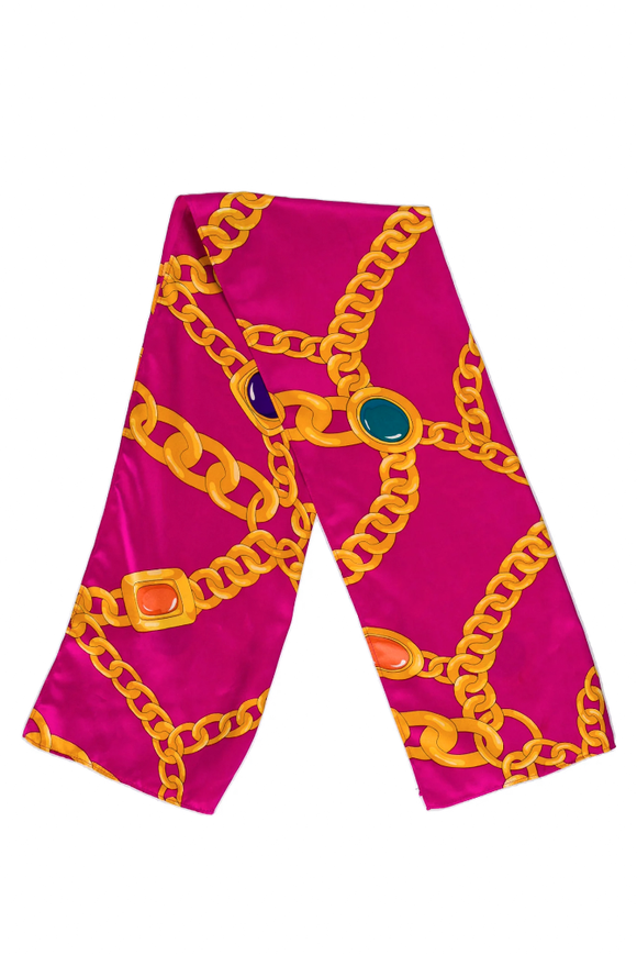 Vintage St.John Chanel Style Magenta Hot Pink Gold Chain Gem Stone Print Silk Scarf
