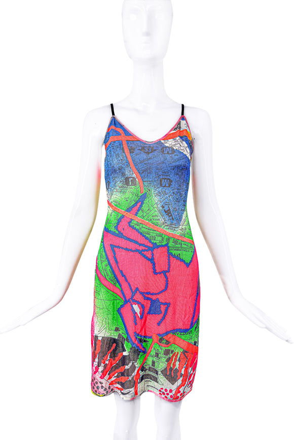 Christian Dior by John Galliano 2001 London Map Print Neon Dress