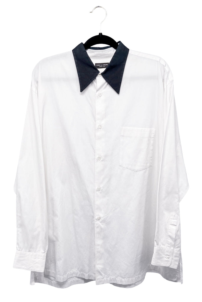 Comme des Garcons White Cotton Black Collar Graphic Shirt