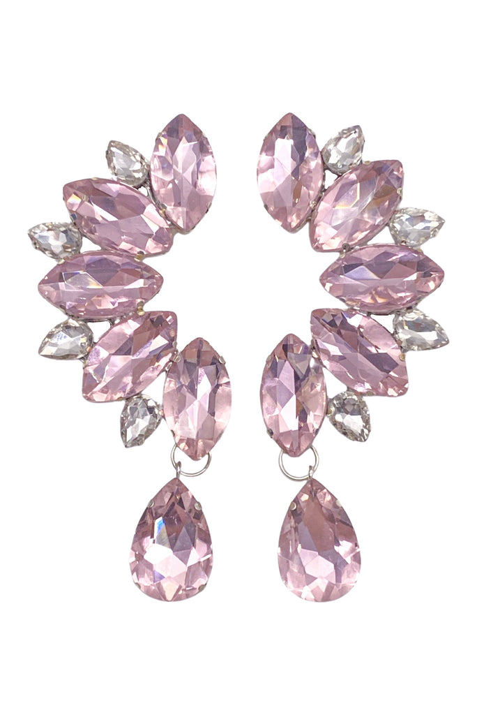 Vintage Silver Crystal Pink Crescent Moon Floral Earring Cuffs
