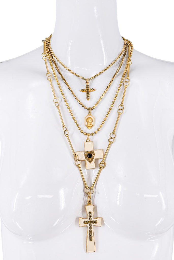 Jean Paul Gaultier Gold Pavé Crystal Cameo  Multi Chain Cross Chain Necklace