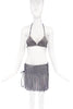 Vintage Silver Pavé Crystal Bikini Top with PVC Fringe Side Slit Cross Tie Skirt
