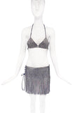 Vintage Silver Pavé Crystal Bikini Top with PVC Fringe Side Slit Cross Tie Skirt