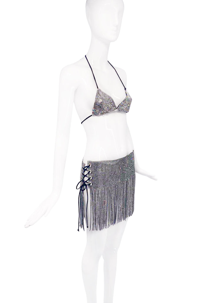 Vintage Silver Pavé Crystal PVC Fringe Side Slit Cross Tie Skirt with matching Bra