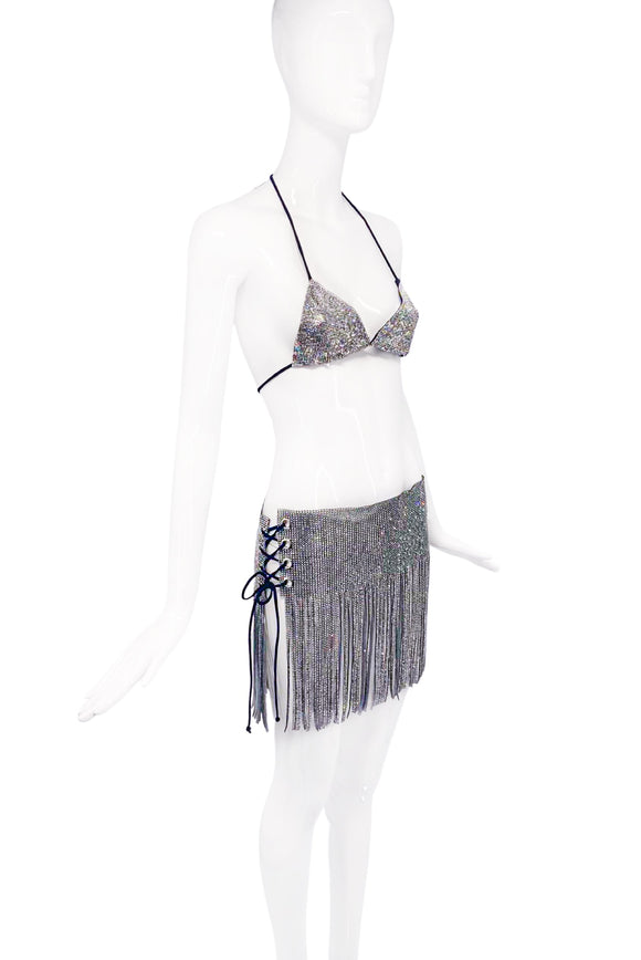 Vintage Silver Pavé Crystal PVC Fringe Side Slit Cross Tie Skirt with matching Bra