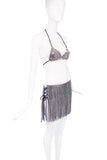 Vintage Silver Pavé Crystal PVC Fringe Side Slit Cross Tie Skirt with matching Bra