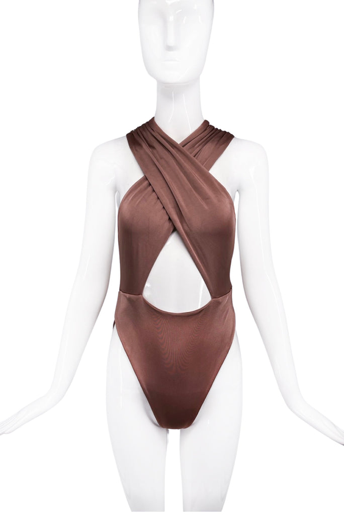 Cushnie Brown Silk Jesery Criss Cross Body Suit Top