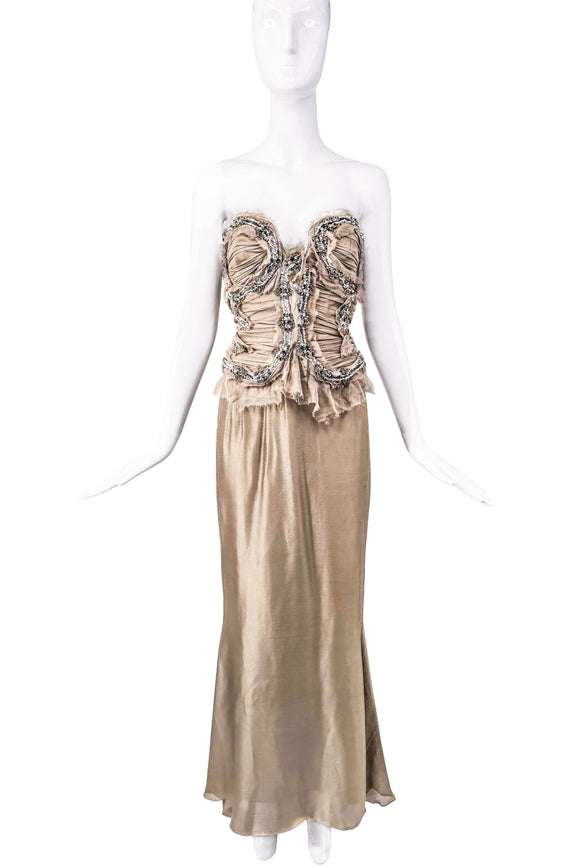 DSquared Grey Gold Metallic Crystal Corset Two Piece Gown
