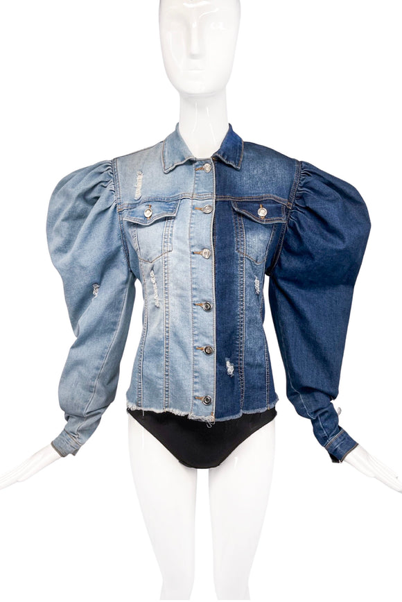 Vintage Blue Denim Light Dark Indigo Dual Tone Big Puff Sleeve Jacket
