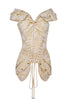 Christian Dior by John Galliano Beige Creme Gold Leaf Print Military Pocket Lace Up Corset Spring 2002  Top