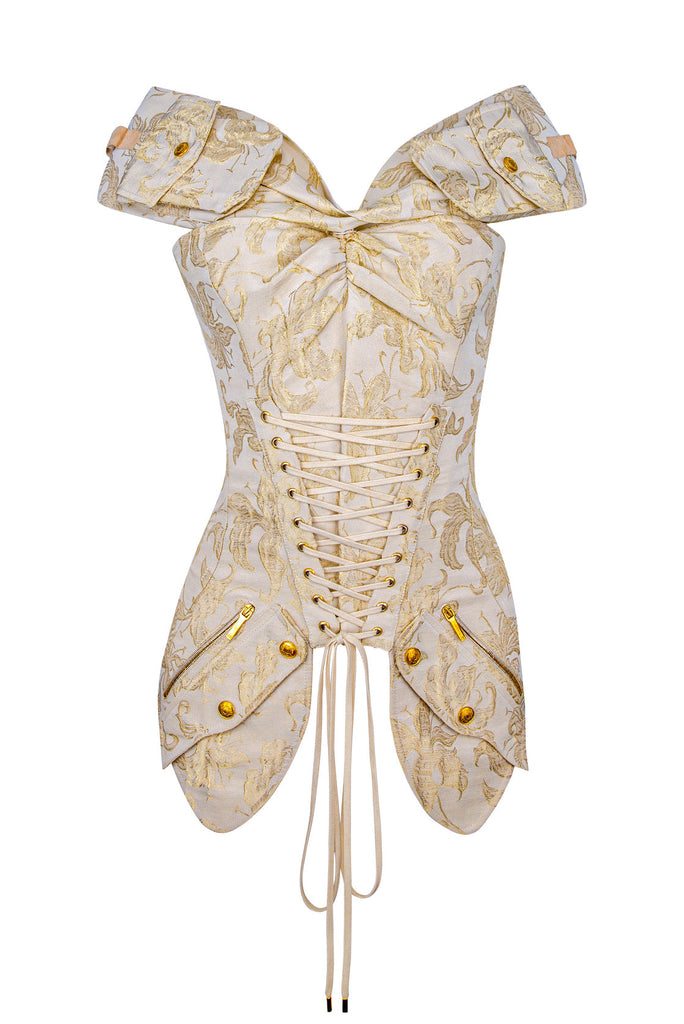 Christian Dior by John Galliano Beige Creme Gold Leaf Print Military Pocket Lace Up Corset Spring 2002  Top