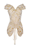 Christian Dior by John Galliano Beige Creme Gold Leaf Print Military Pocket Lace Up Corset Spring 2002  Top