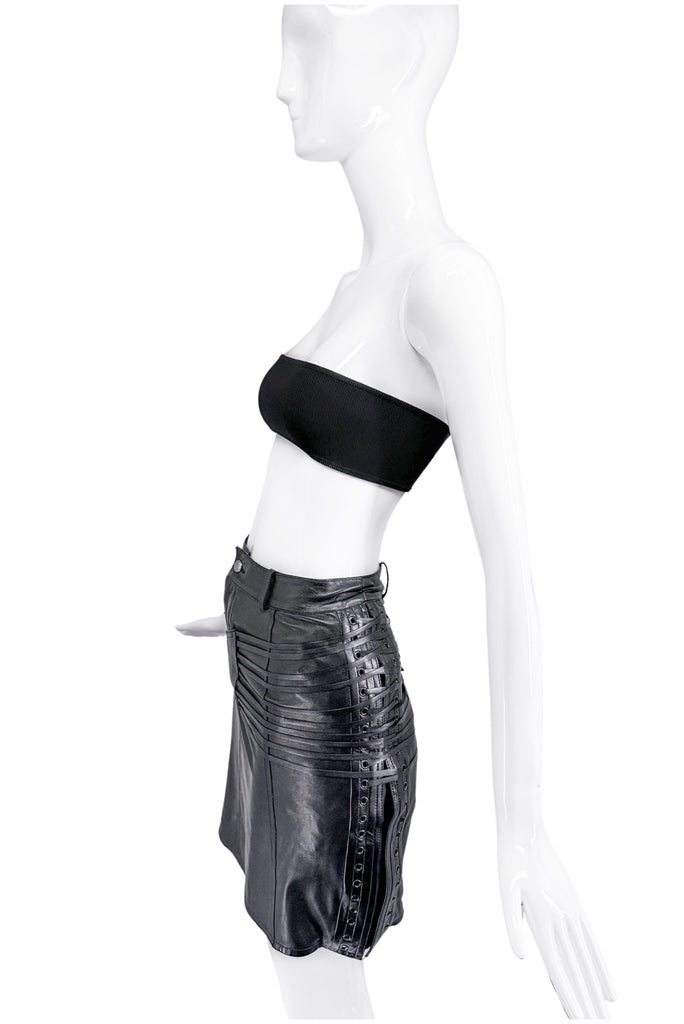Christian Dior x John Galliano Black Leather Holster Mini Skirt with Lacing Details FW2002