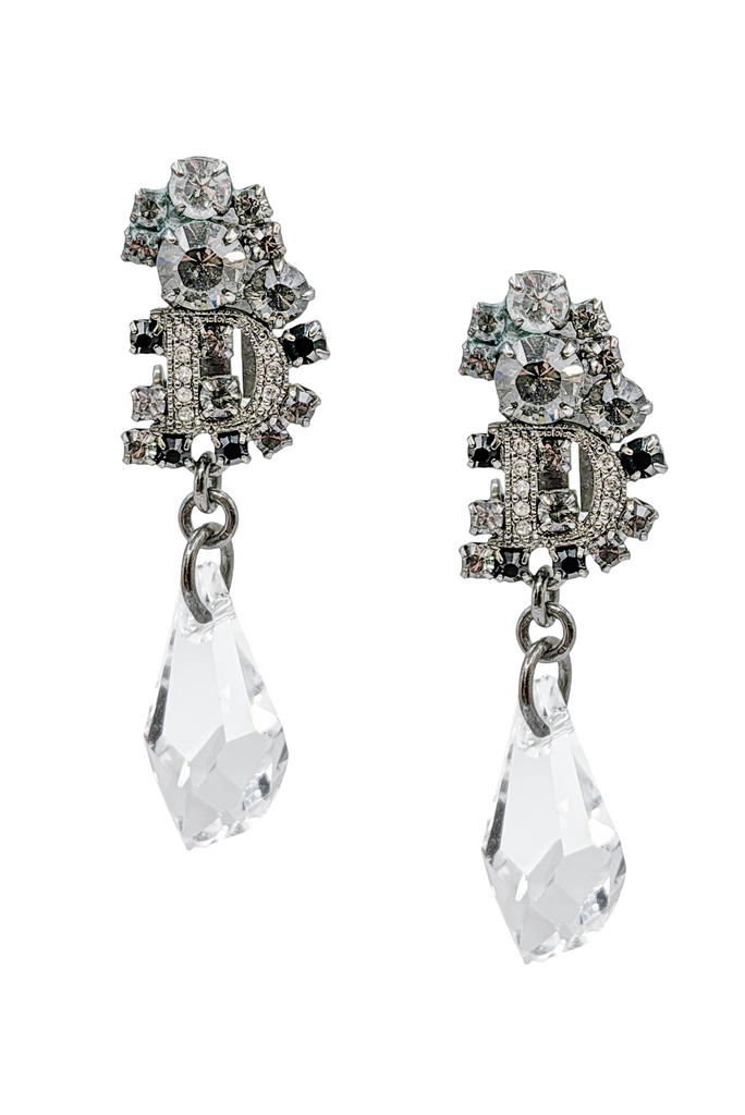 Christian Dior Silver Rhinestone Pavé Logo Crystal Drop Earrings