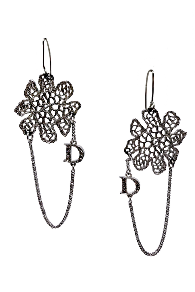 Christian Dior Blackened Silver Flower Draped Chain W/ Pavé D Earrings