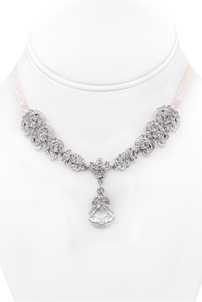 Christian Dior Silver Floral Rhinestones Pink Satin String Teardrop Crystal