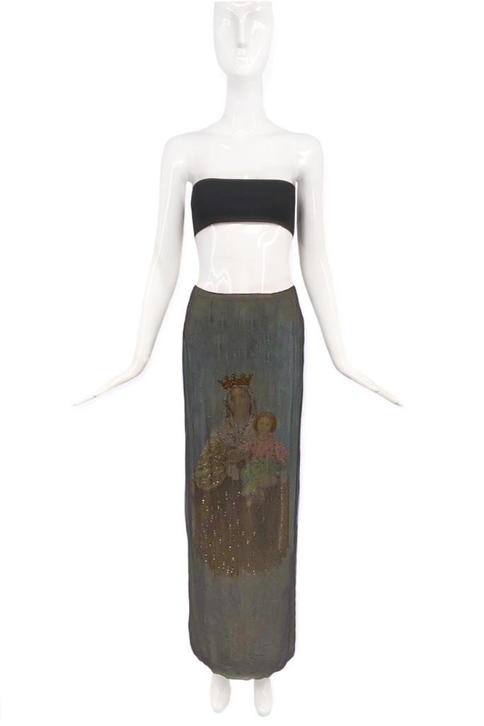 Dolce & Gabbana Gray Blue Virgin Mary Baby Jesus Crystal Embellished Chiffon Skirt Spring Summer 1998