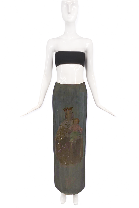 Dolce & Gabbana Gray Blue Virgin Mary Baby Jesus Crystal Embellished Chiffon Skirt Spring Summer 1998