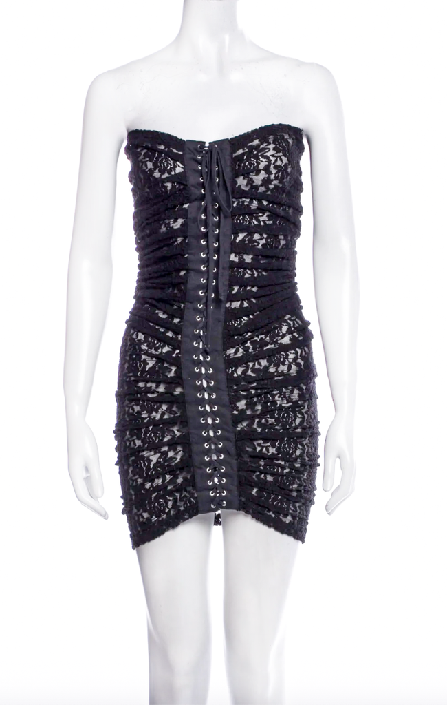 D&G Dolce and Gabbana Black Lace Satin Lace Up Corset Bustier Dress