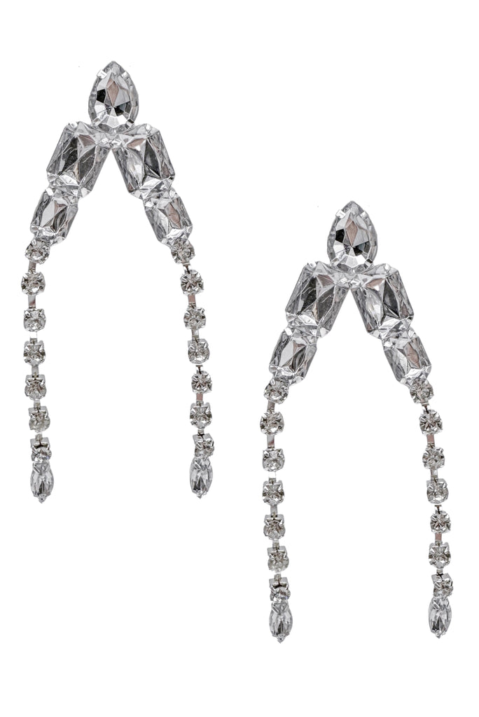 Vintage Silver Clear Crystal Double Drop V Earrings