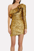 Dundas Gold Foil Baroque Print One Shoulder Ruffle Dress