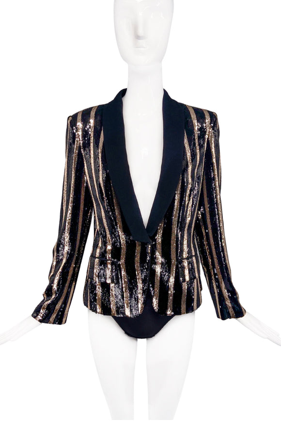 Emanuel Ungaro by Fausto Puglisi Black Gold Sequin Striped Tuxedo Suit Blazer Jacket