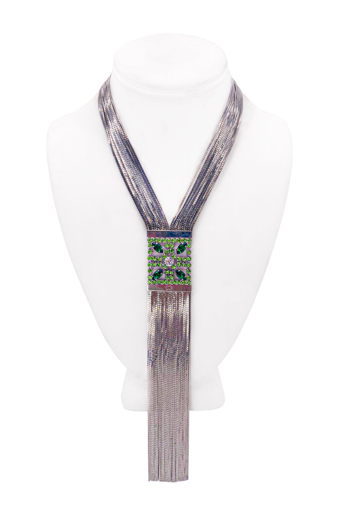 Escada Silver Emerald Green Crystal Bolo Fringe Necklace
