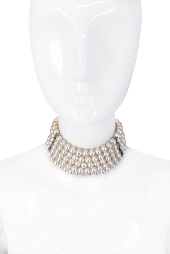 Escada Pearl 5 Row Crystal Detail Choker Necklace