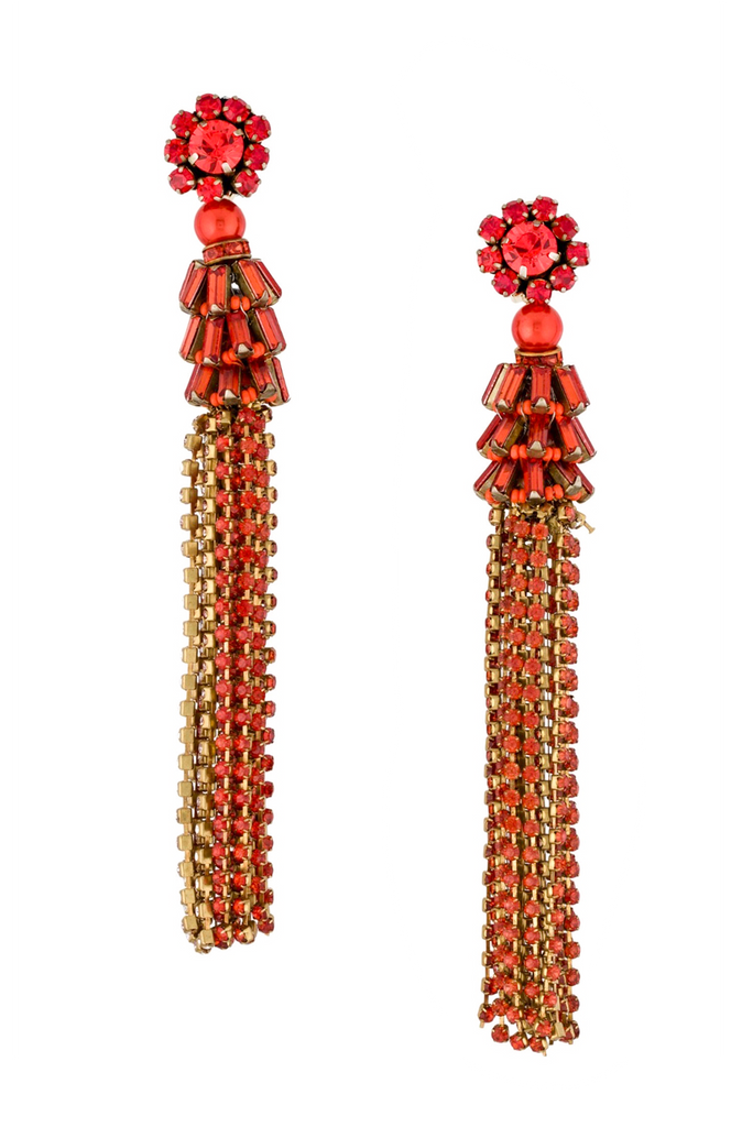 Etro Gold Red Pink Gemstone Flower Fringe Long Drop Earrings