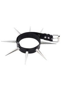 Vintage Black Leather Silver Chrome Metal Extra Long Spike Choker Necklace