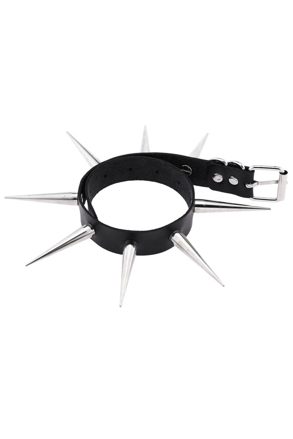 Vintage Black Leather Silver Chrome Metal Extra Long Spike Choker Necklace