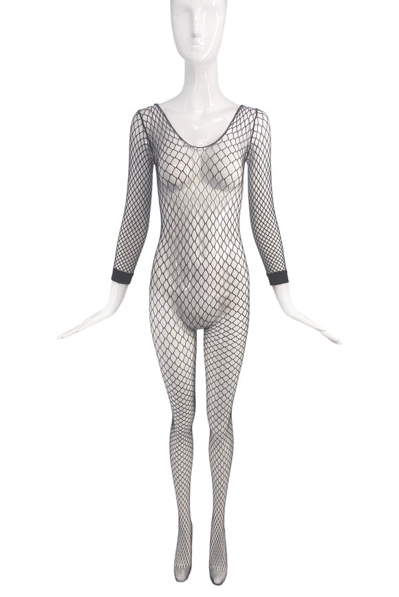 Vintage Black Full Body Leotard Fishnet Lace Sheer Nylon Bodysuits