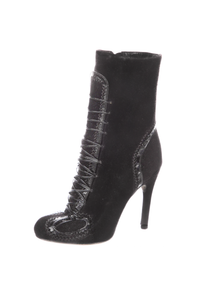 John Galliano Black Suede Patent Leather Lace Up Boots Shoes Size 7