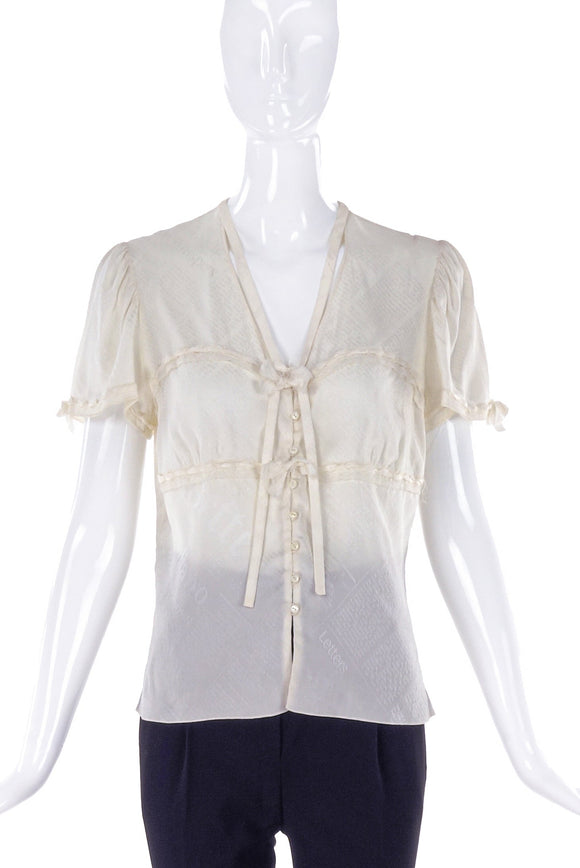 John Galliano Ivory News Print Silk Blouse - BOUTIQUE PURCHASE PRICE