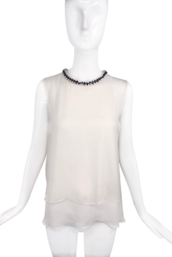 Georges Rech Ivory White Layered Metal Chain Woven Necklace Top