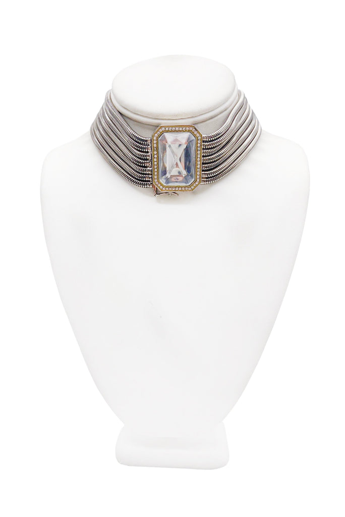 Gianfranco Ferre Silver Metallic Huge Square Diamond Choker Necklace