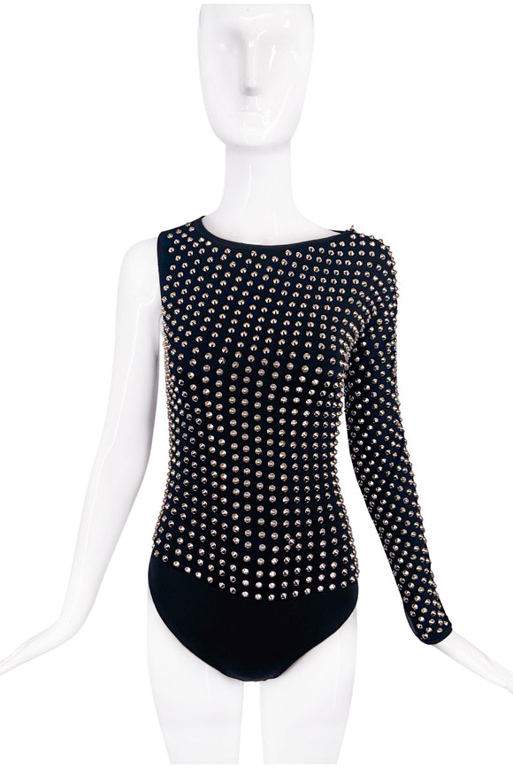 Gianfranco Ferré Black Fully Silver Studded One Sleeve Sheer Nylon Back 90's Body Suit