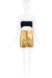 MSGM Gold Metallic Faux Leather High Waisted Front Snap Mini Skirt with matching Belt & Beret