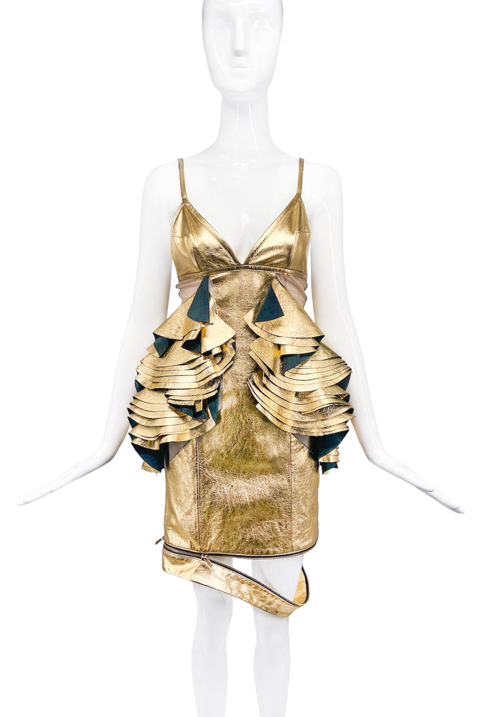 Graeme Armour Gold Leather Ruffle Peplum Dress